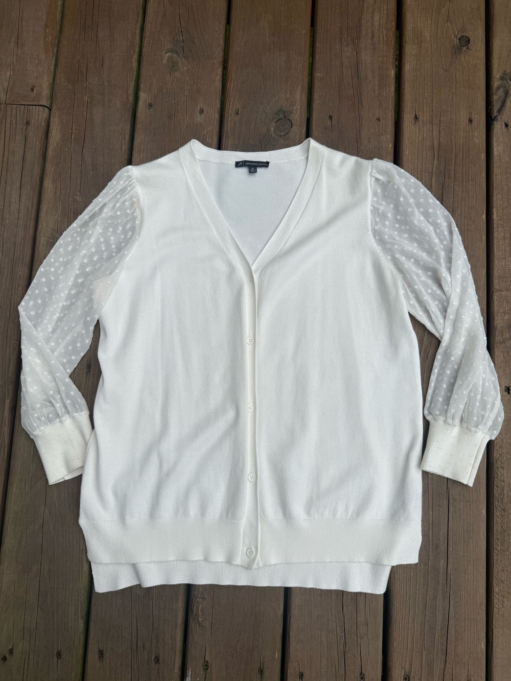Adrianna Papell Women’s White V-Neck Button Front Sheer Sleeve Cardigan Sz M EUC